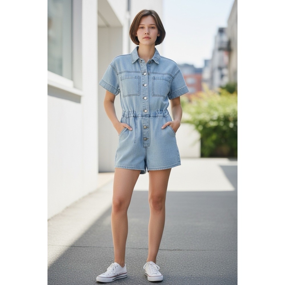 Day + Moon Romper Womens Size S Light Wash Button Front Short Sleeve